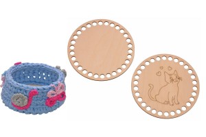 Bazy do koszyka okrągłe z grawerem kotek 15 cm x 15 cm, bazy ze sklejki.   