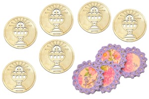 Pierwsza Komunia Święta grawer baza 10 cm - podkładka pod filiżankę - zestaw 6 sztuk.    